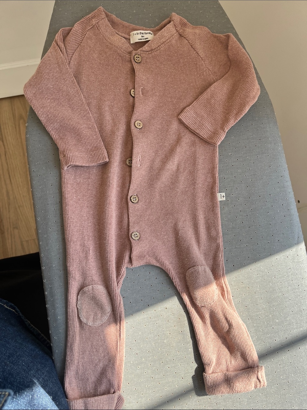 Ribbed Button-Front Footie in Dusty Rose